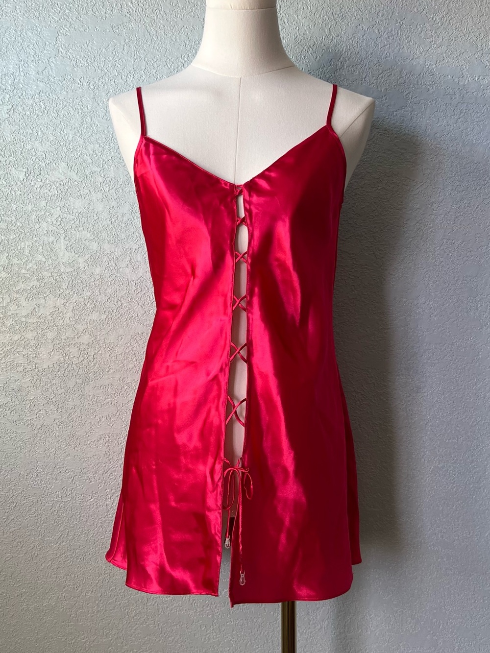 Y2K Style Hot Pink Satin Lace Up Slip Dress Babydoll Lingerie Size S